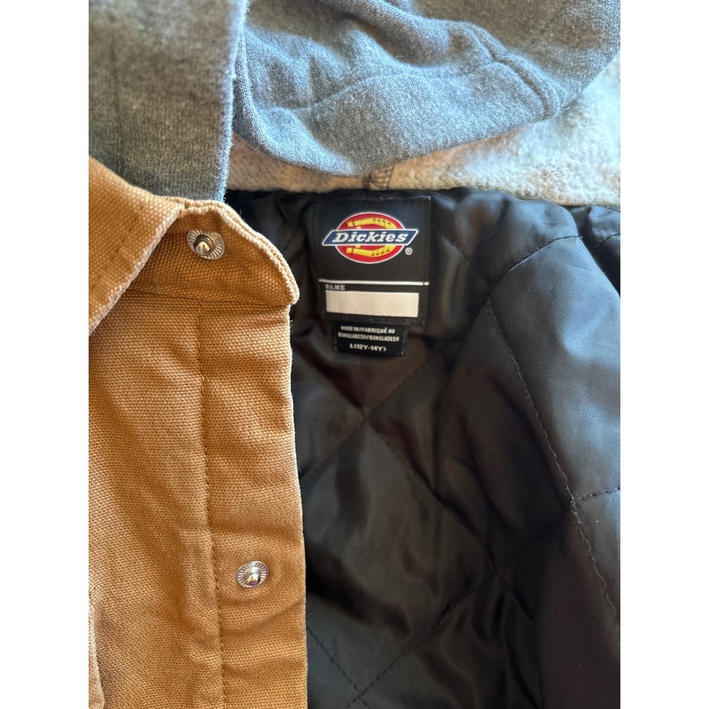 Dickies Boys Brown Duck Canvas Hooded Shirt Jacket L 12-14 Quilted Lined Coat